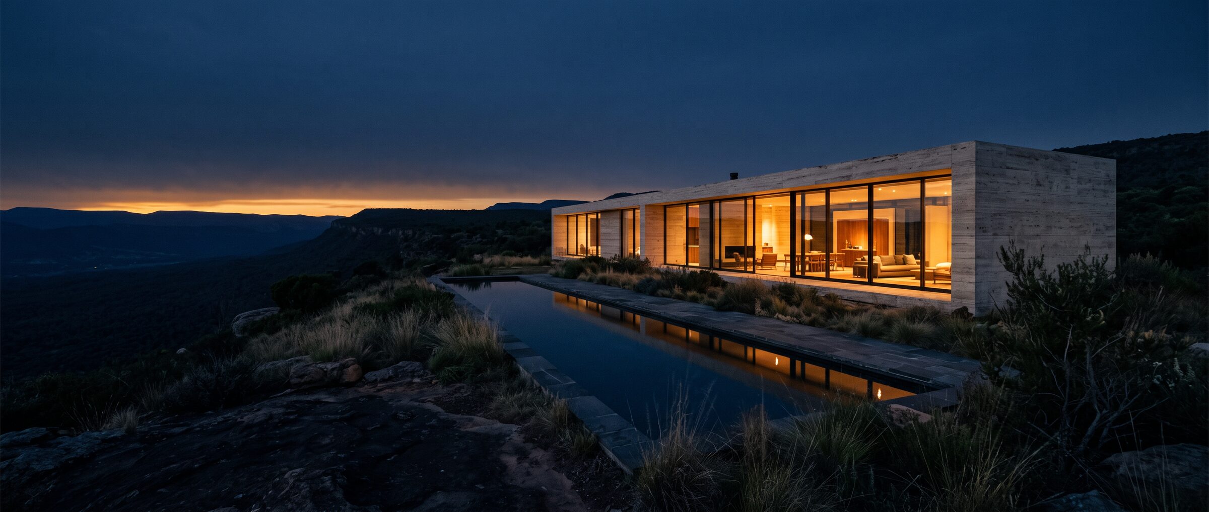 Die Villa zur blauen Stunde, innen warm beleuchtet vor der dunklen Landschaft