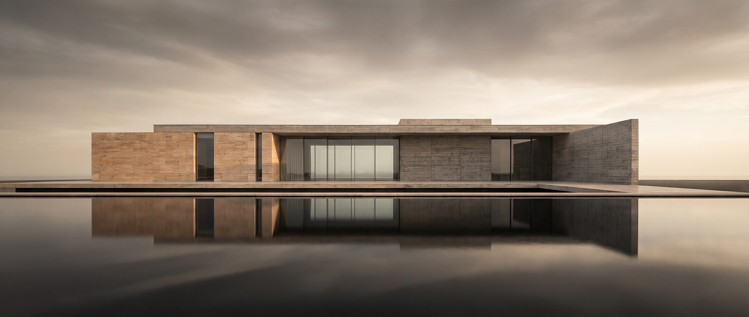 Flache Villa aus Travertin über einem stillen Wasserbecken im Abendlicht